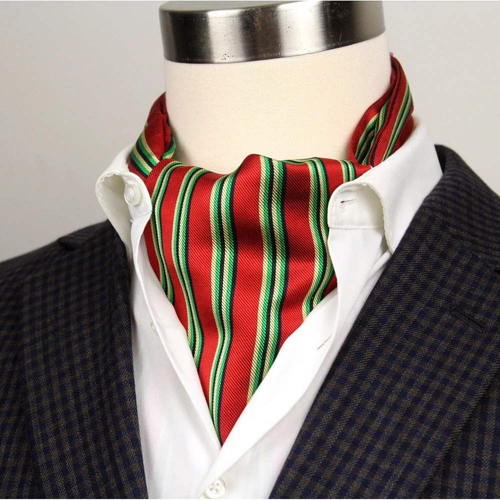 Camellucci Men's 100% Silk‎ Ascot Cravat LUXURY Striped Red Green Block